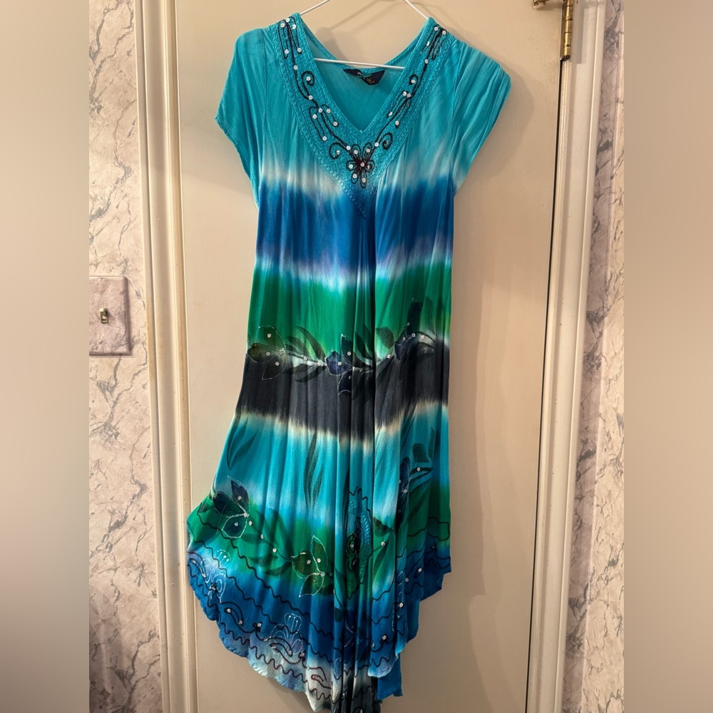 Blue and Green V-Neck Women's Dress With Sequins
